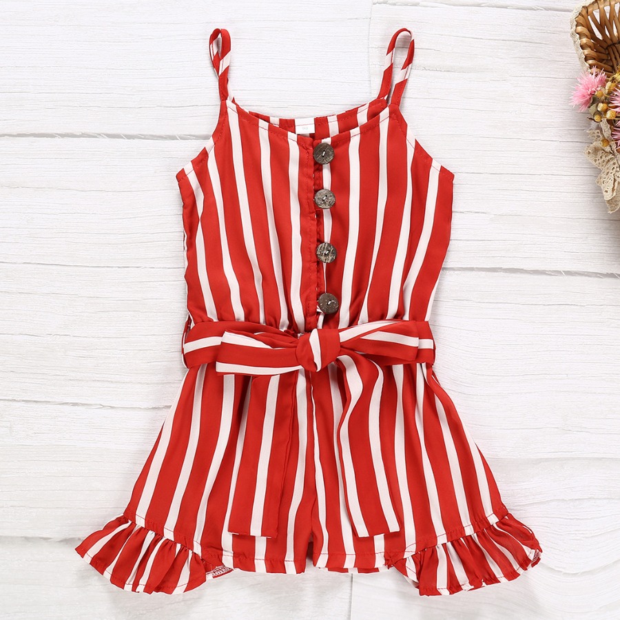 

Lovely Girl Casual Striped Ruffle Bandage Design Red One-piece Romper