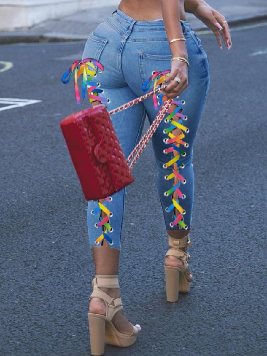 

LW Street Bandage Hollow-out Design Blue Jeans