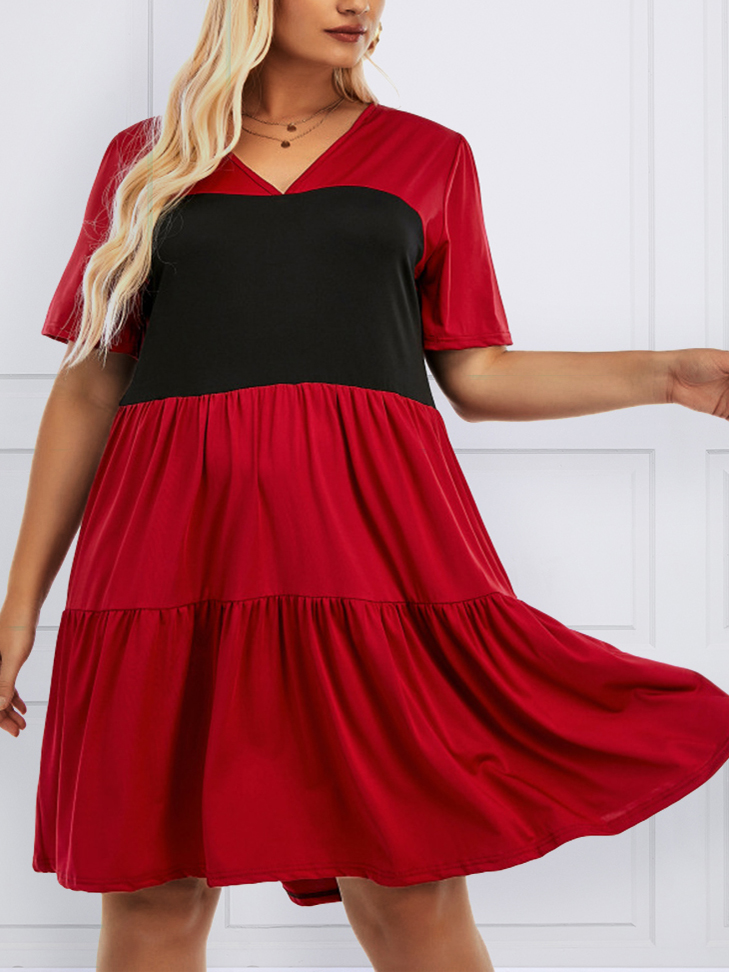 

Lovely Casual Color-lump Ruffle Design Red Knee Length Plus Size Dress