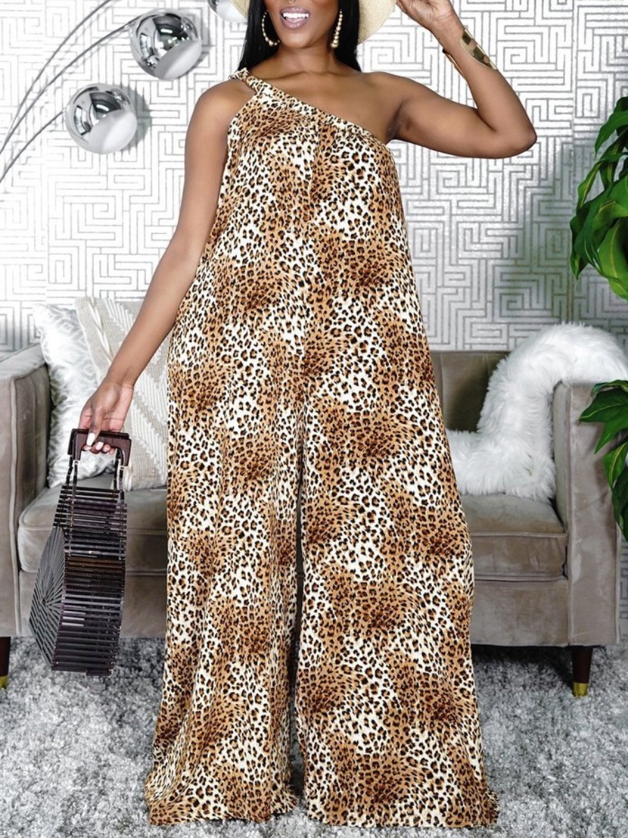 

Lovely Street One Shoulder Leopard Print Loose One-piece Jumpsuit