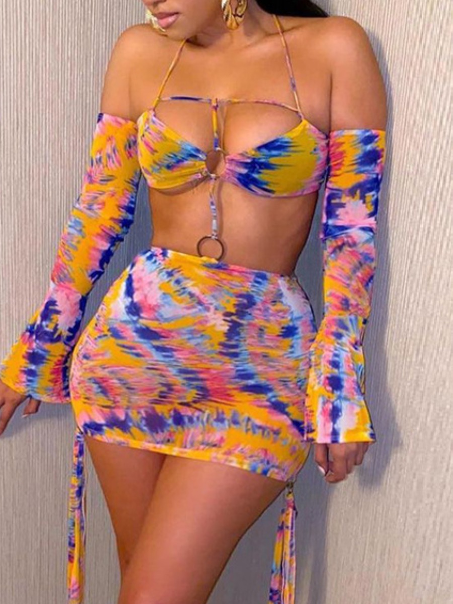 

LW Sexy Print Metal Ring Decoration Hollow-out Yellow Mini Dress