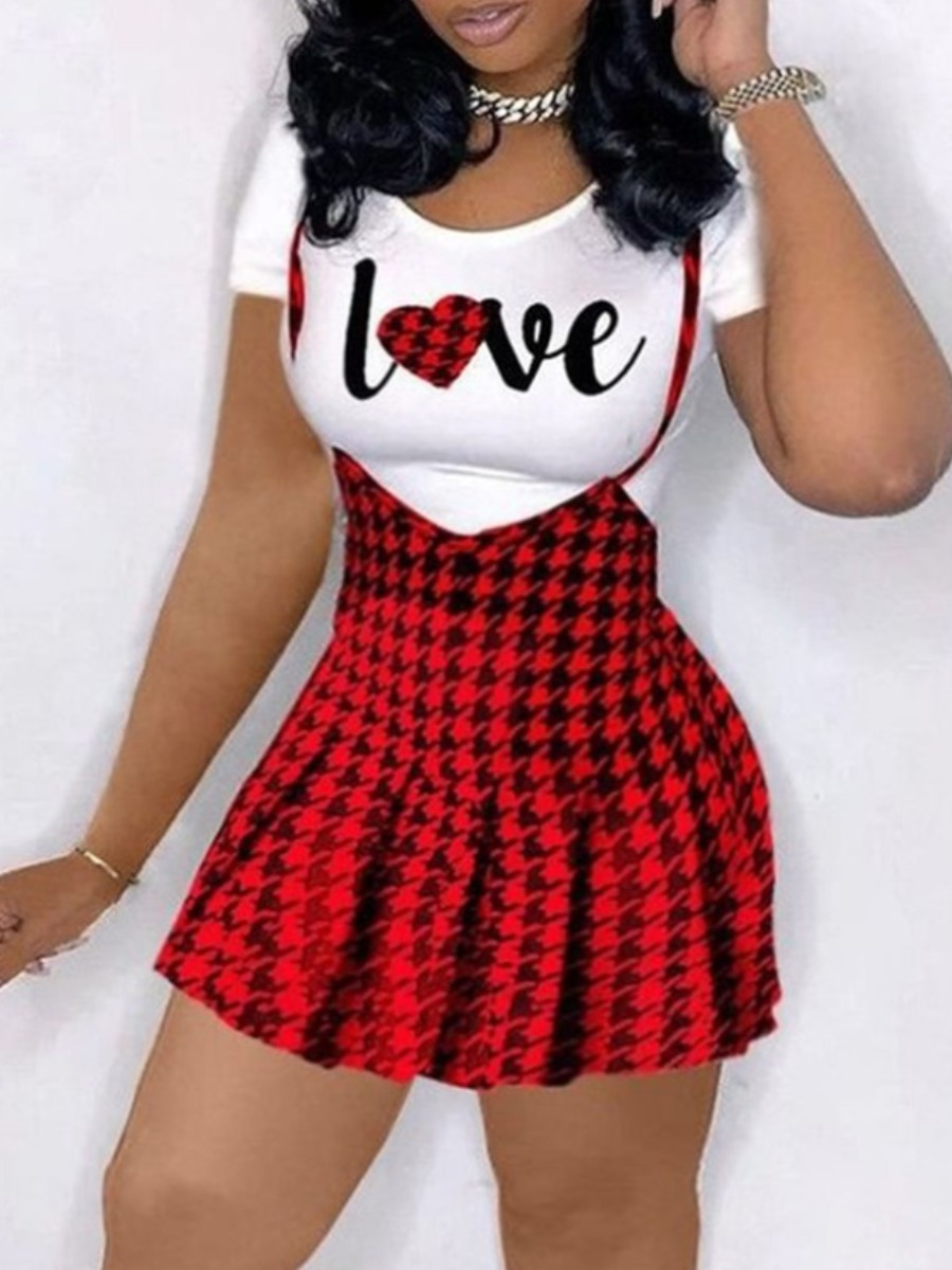 

Lovely Casual Letter Print Overall Red Plus Size Two-piece Skirt Set