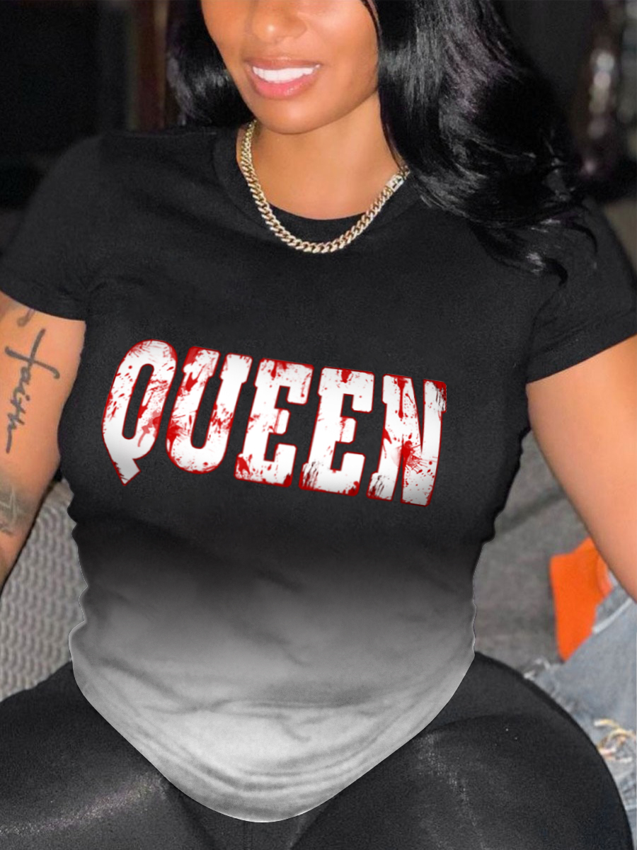 

Lovely Casual Gradient Letter Print Black T-shirt