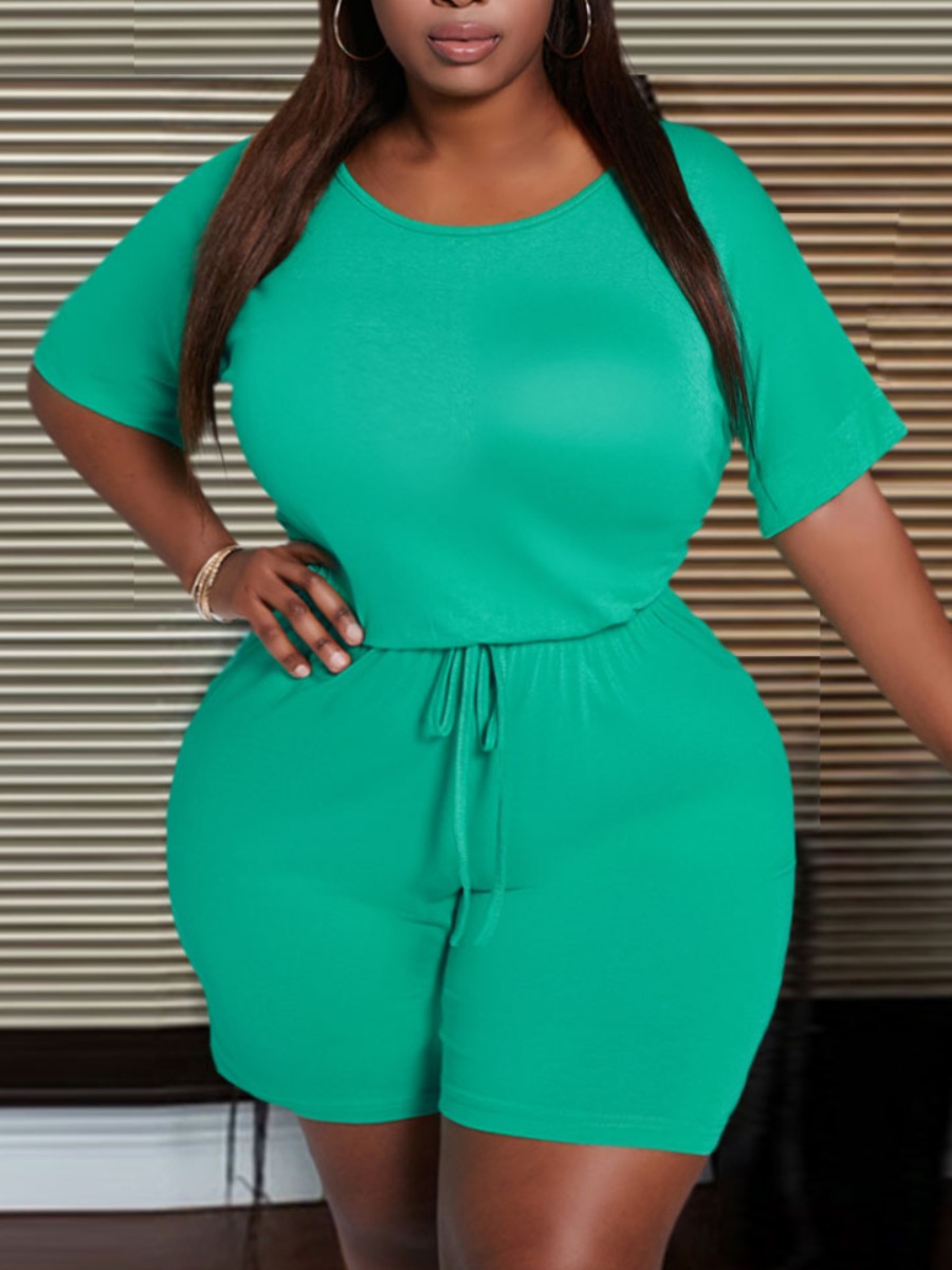 

LW BASICS Plus Size Casual Lace-up Green One-piece Romper