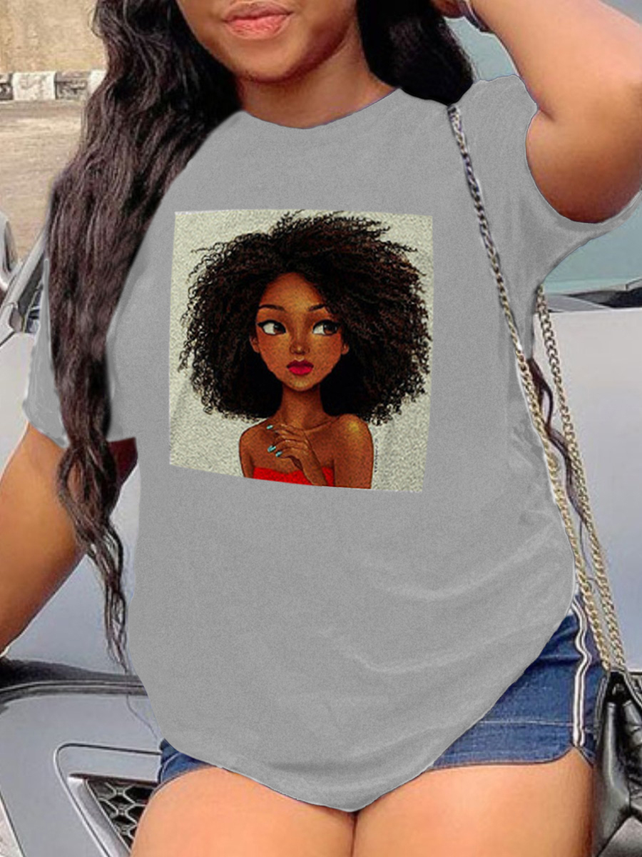 

Lovely Casual O Neck Portrait Print Light Grey Plus Size T-shirt