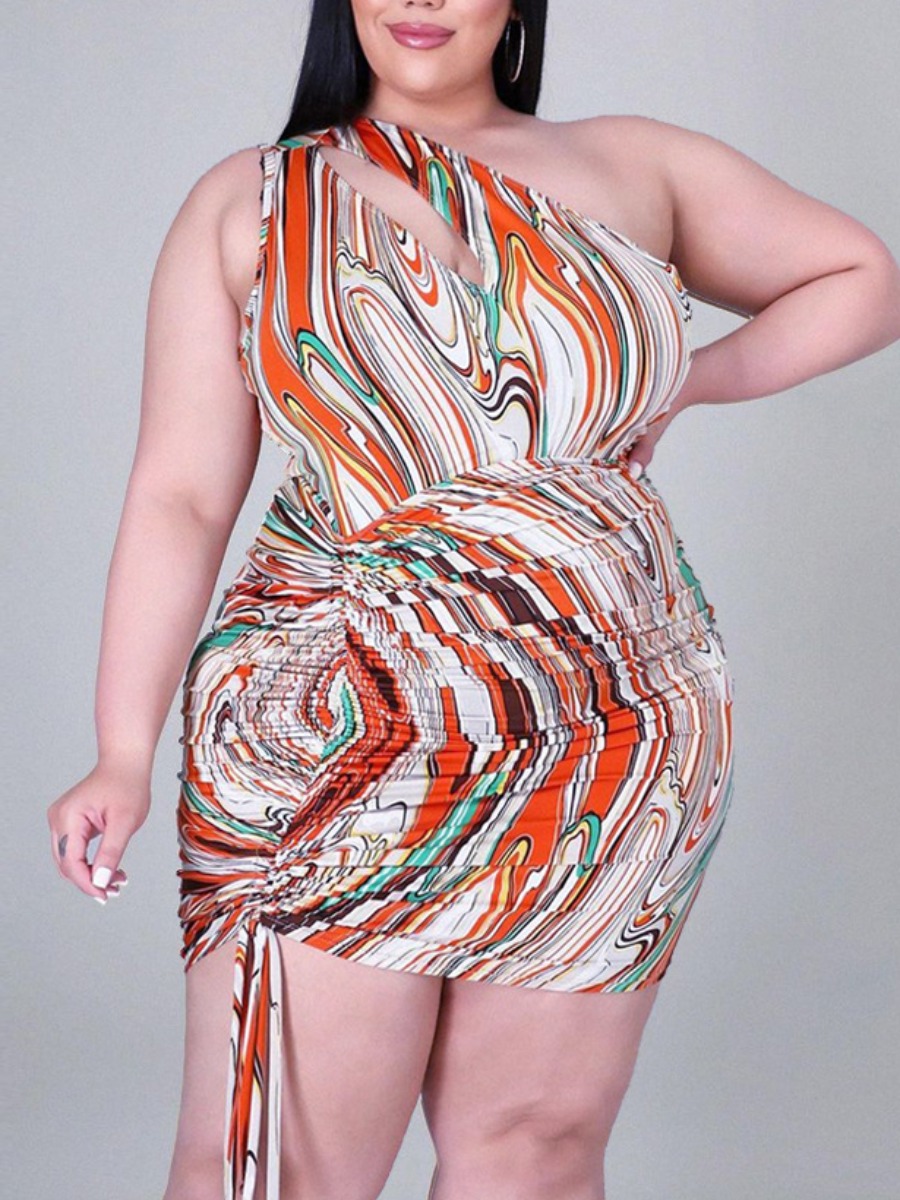 

Lovely Casual One Shoulder Print Drawstring Croci Mini Plus Size Dress
