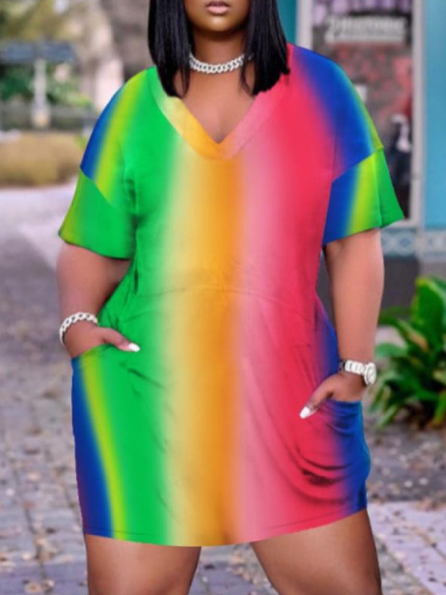 

LW V Neck Rainbow Striped Dress, Multi