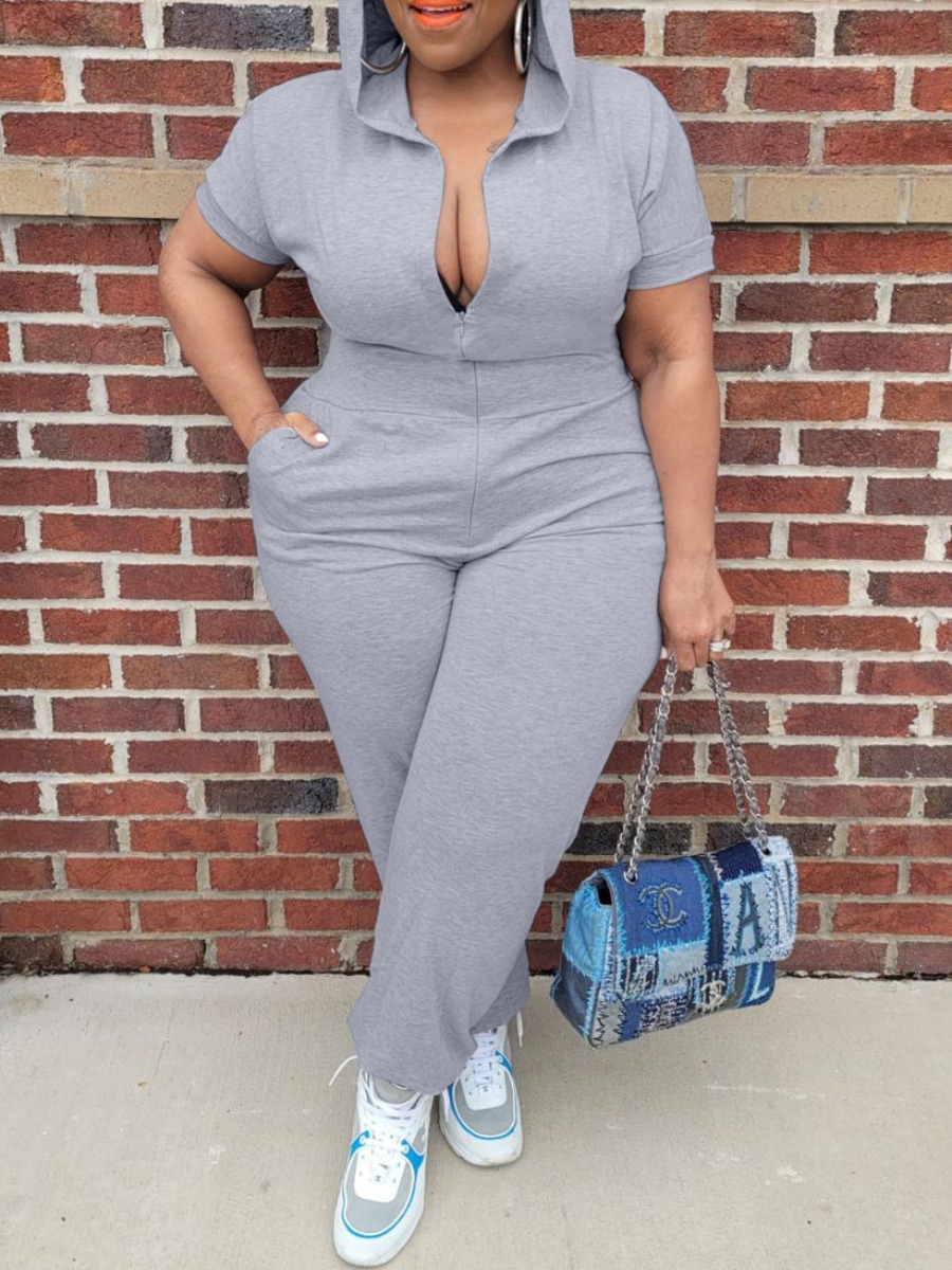 

Lovely Plus Size Hooded Collar Zipper Design Jumpsuit, Grey