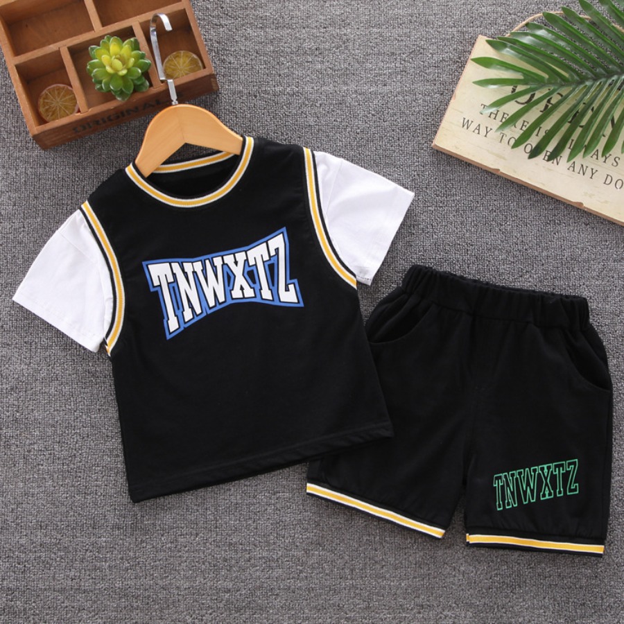 

Lovely Boy Sporty O Neck Letter Print Black Two Piece Shorts Set