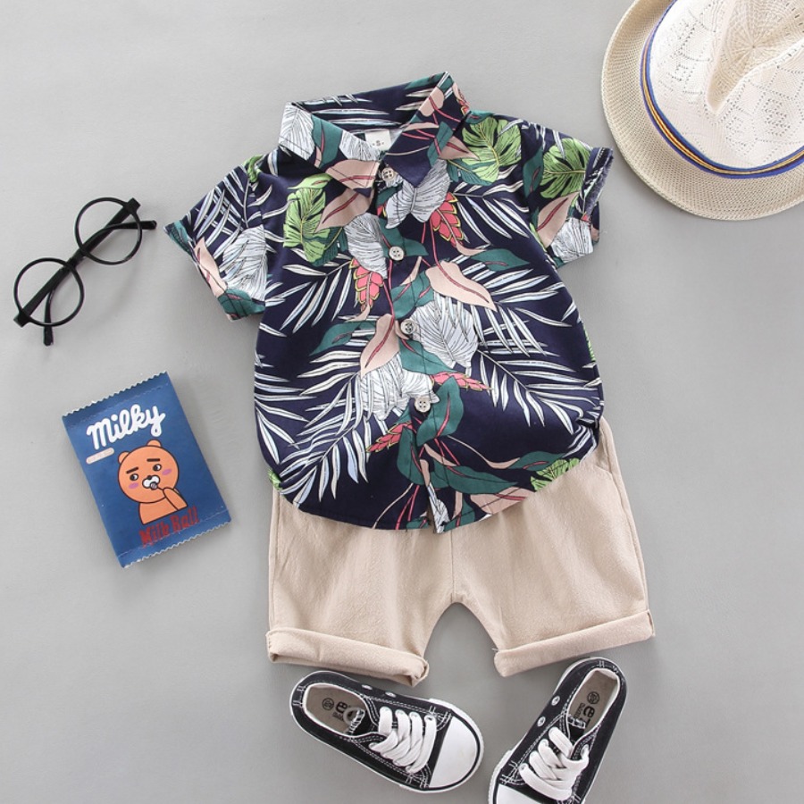 

Lovely Boy Boho Turndown Collar Floral Print Dark Blue Two Piece Shorts Set