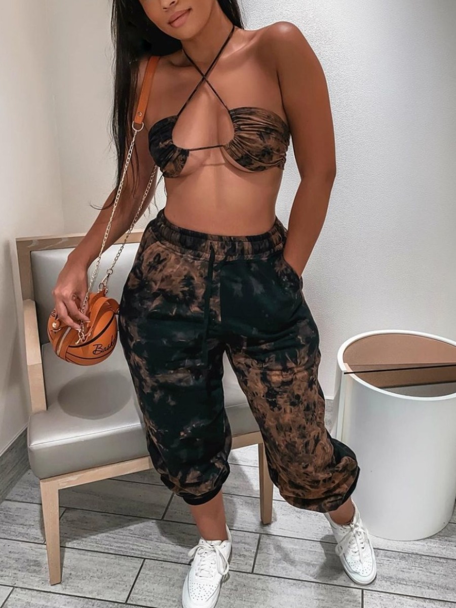 

LW Boho Off The Shoulder Tie-dye Black Two Piece Pants Set