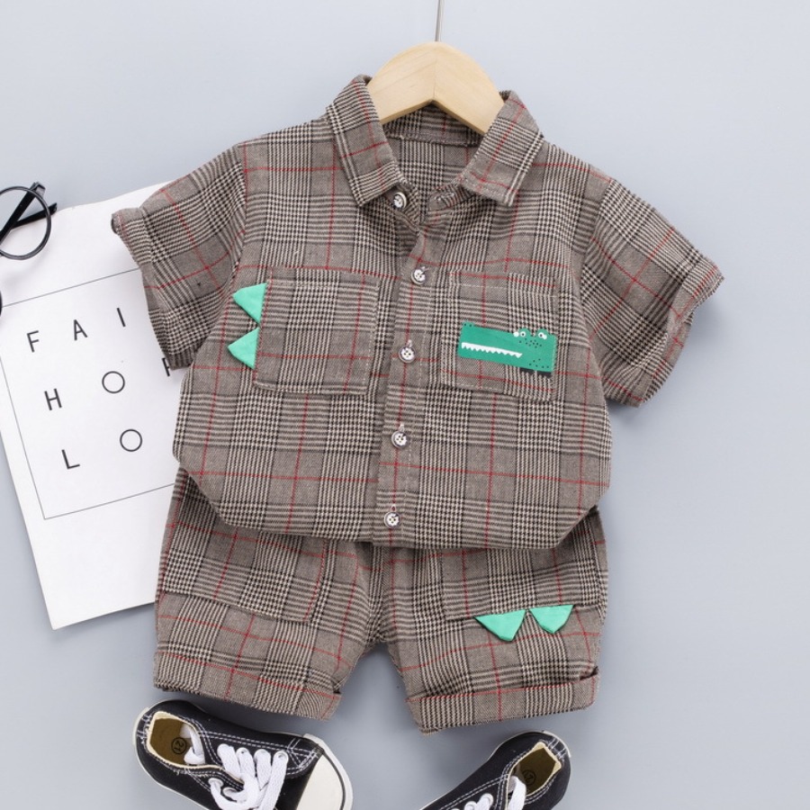 

Lovely Boy Casual Turndown Collar Plaid Print Light Coffee Two Piece Shorts Set