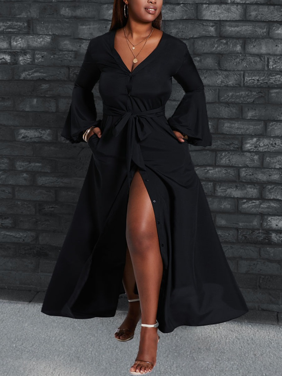 

Lovely Elegant Flared Button Bandage Design Black Ankle Length Plus Size Dress