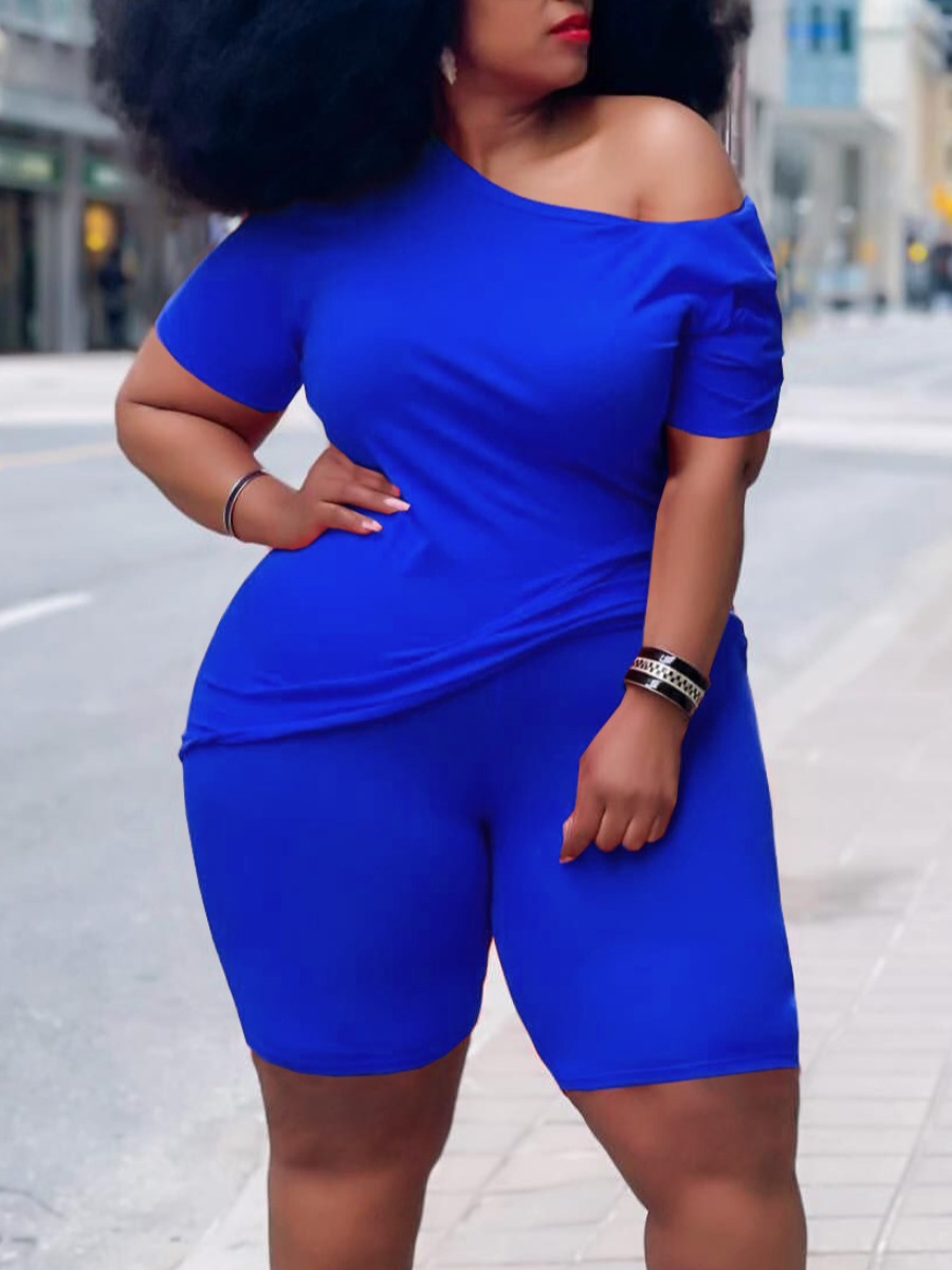 

Lovely Casual O Neck Elastic Blue Plus Size Two-piece Shorts Set