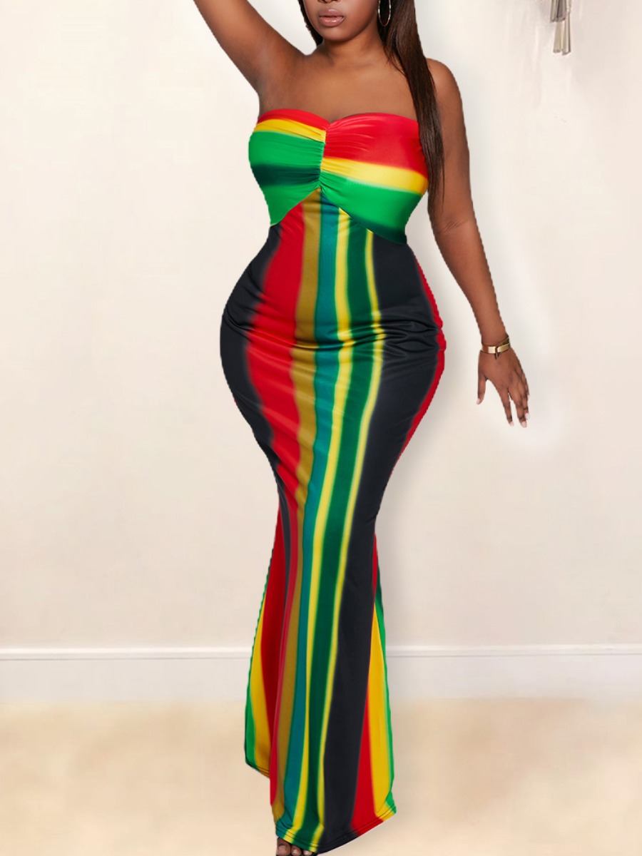 

Lovely Sweet Off The Shoulder Striped Multicolor Floor Length Plus Size Dress, Multi