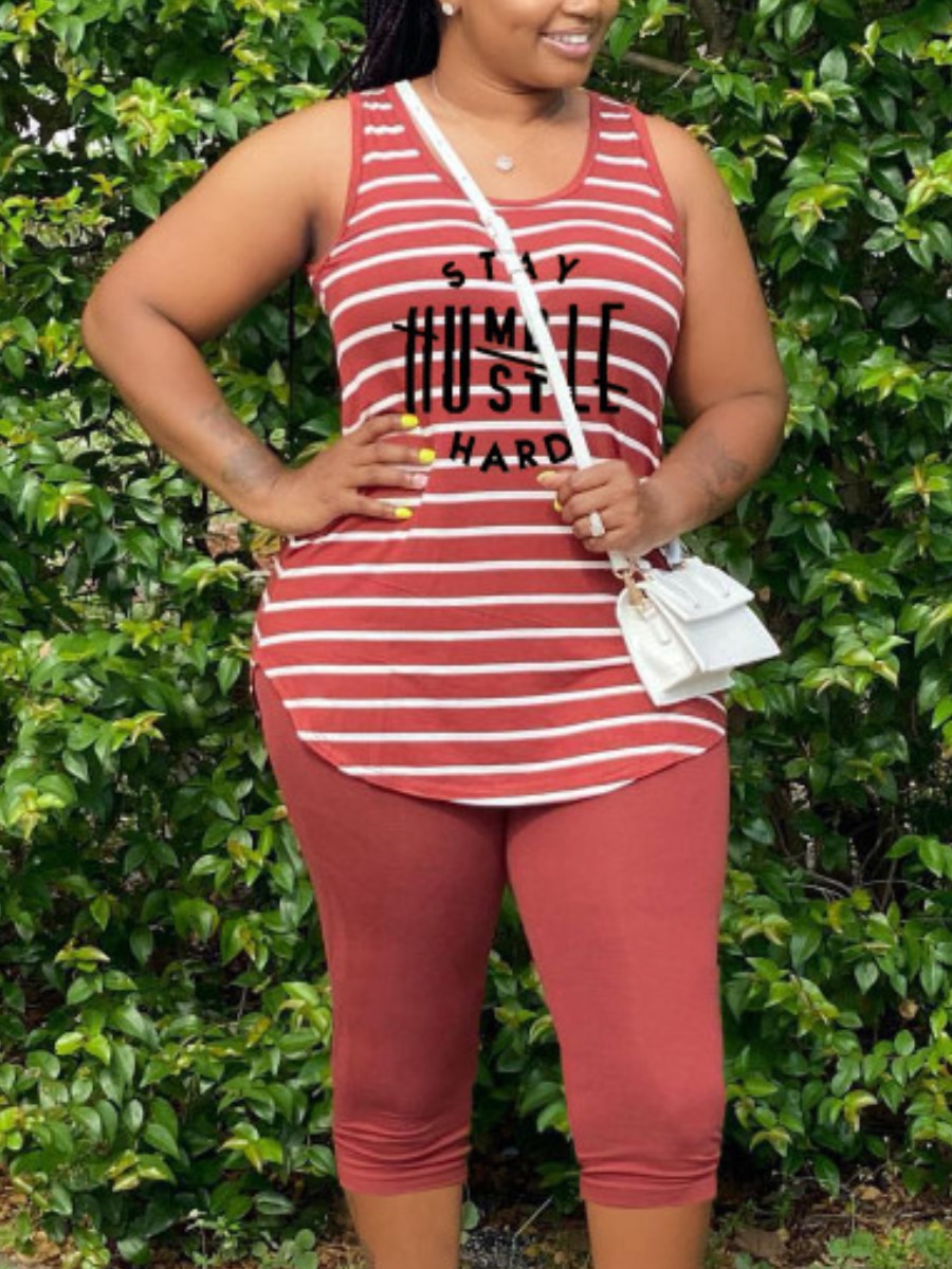 

Lovely Plus Size Sporty Letter Print Striped Wine Red Two-piece Shorts Set