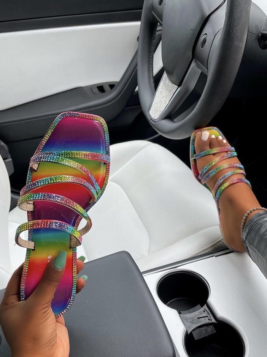 

Lovely Casual Rainbow Stripe Bandage Design Multicolor Slippers, Multi