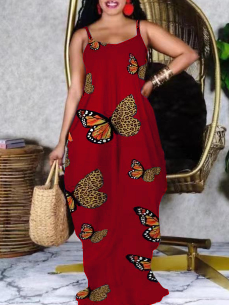 

LW BASICS Plus Size Boho Leopard Butterfly Print Red Floor Length Dress