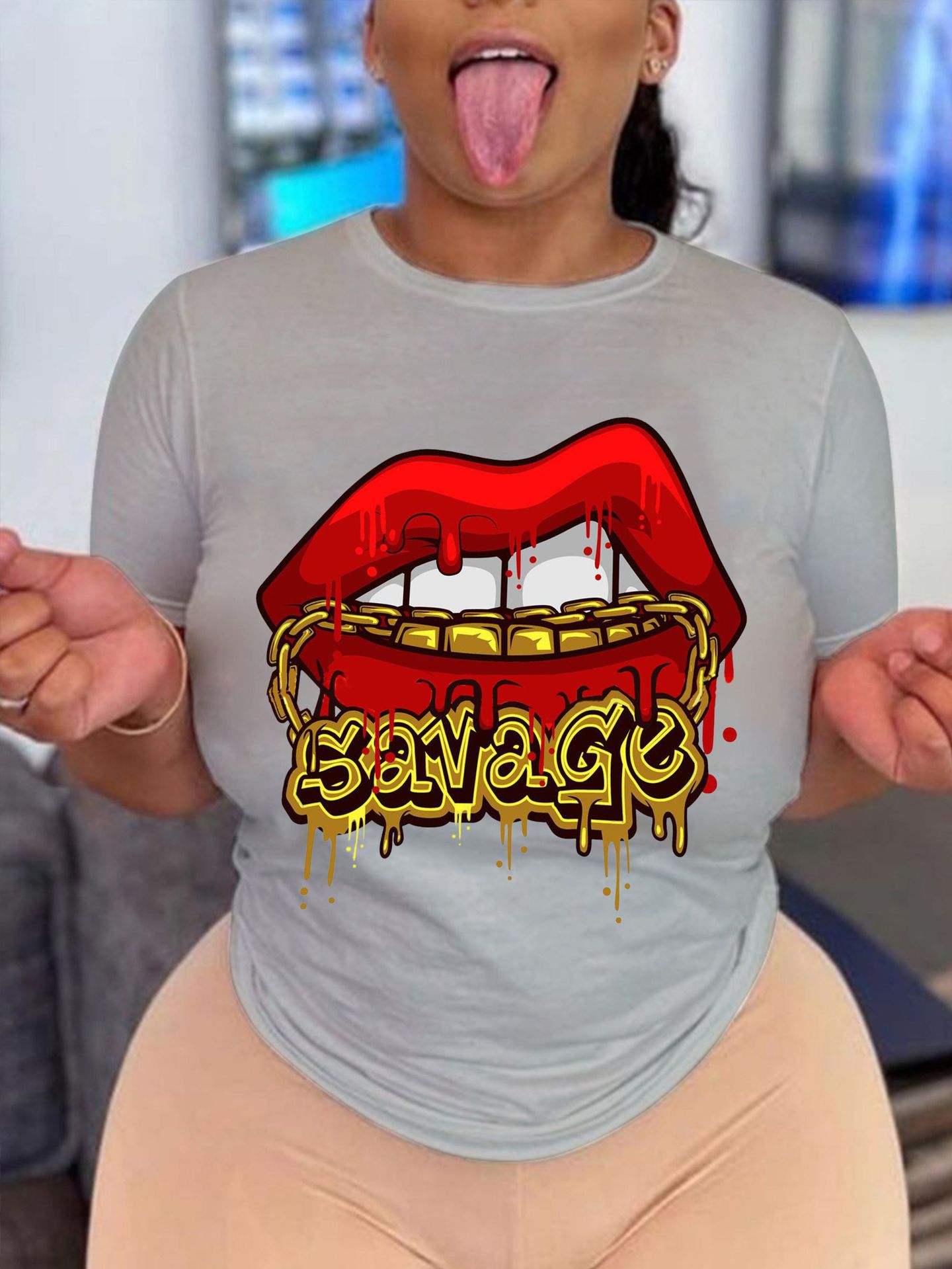 

Lovely Casual Lip Letter Print Grey Plus Size T-shirt