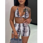 Lovely Casual Animal Print Backless Grey Two Piece