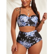 Lovely Boho Floral Print High-waisted Black Two-pi