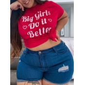 LW Plus Size Street O Neck Letter Print Red T-shir