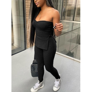 

LW Casual Off The Shoulder Split Black Two Piece Pants Set