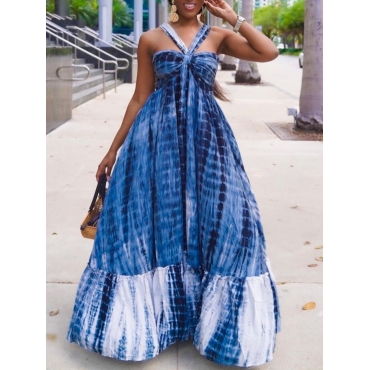 

Lovely Boho Print Ruffle Design Blue Floor Length A Line Dress