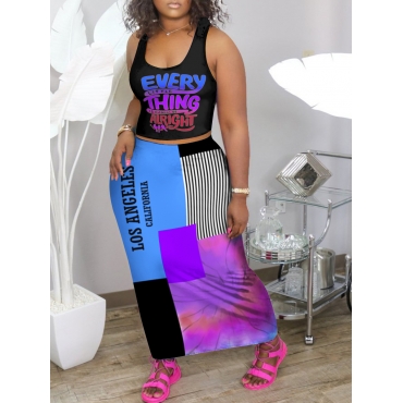 Lovely Casual Letter Print Patchwork Black Two Piece Skirt Set