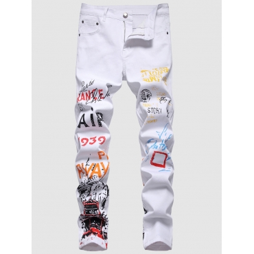 

LW Men Stretch Denim Letter Graffiti Print Jeans, White