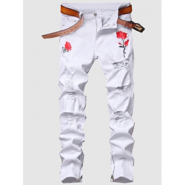 

Lovely Men Street Floral Print Ripped White Jeans