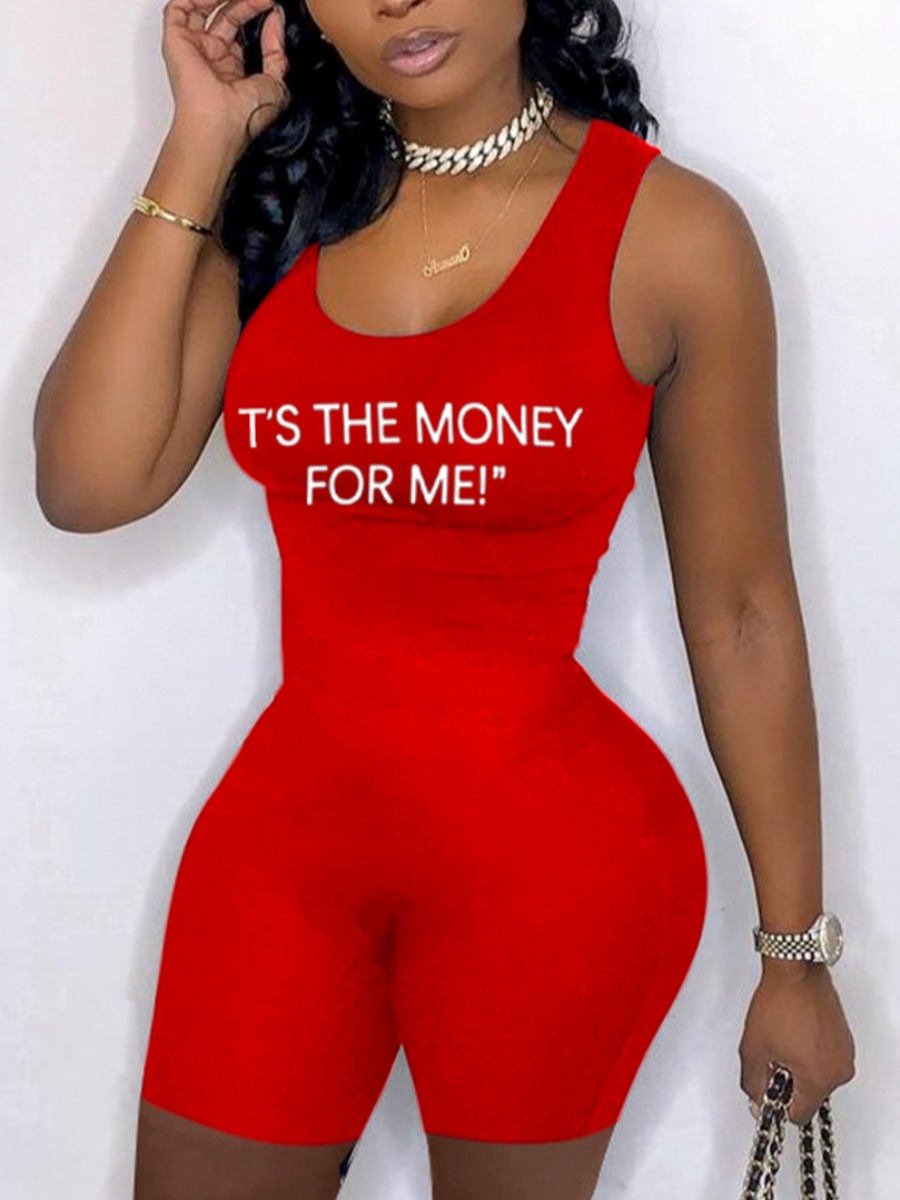

LW Casual U Neck Letter Print Red One-piece Romper