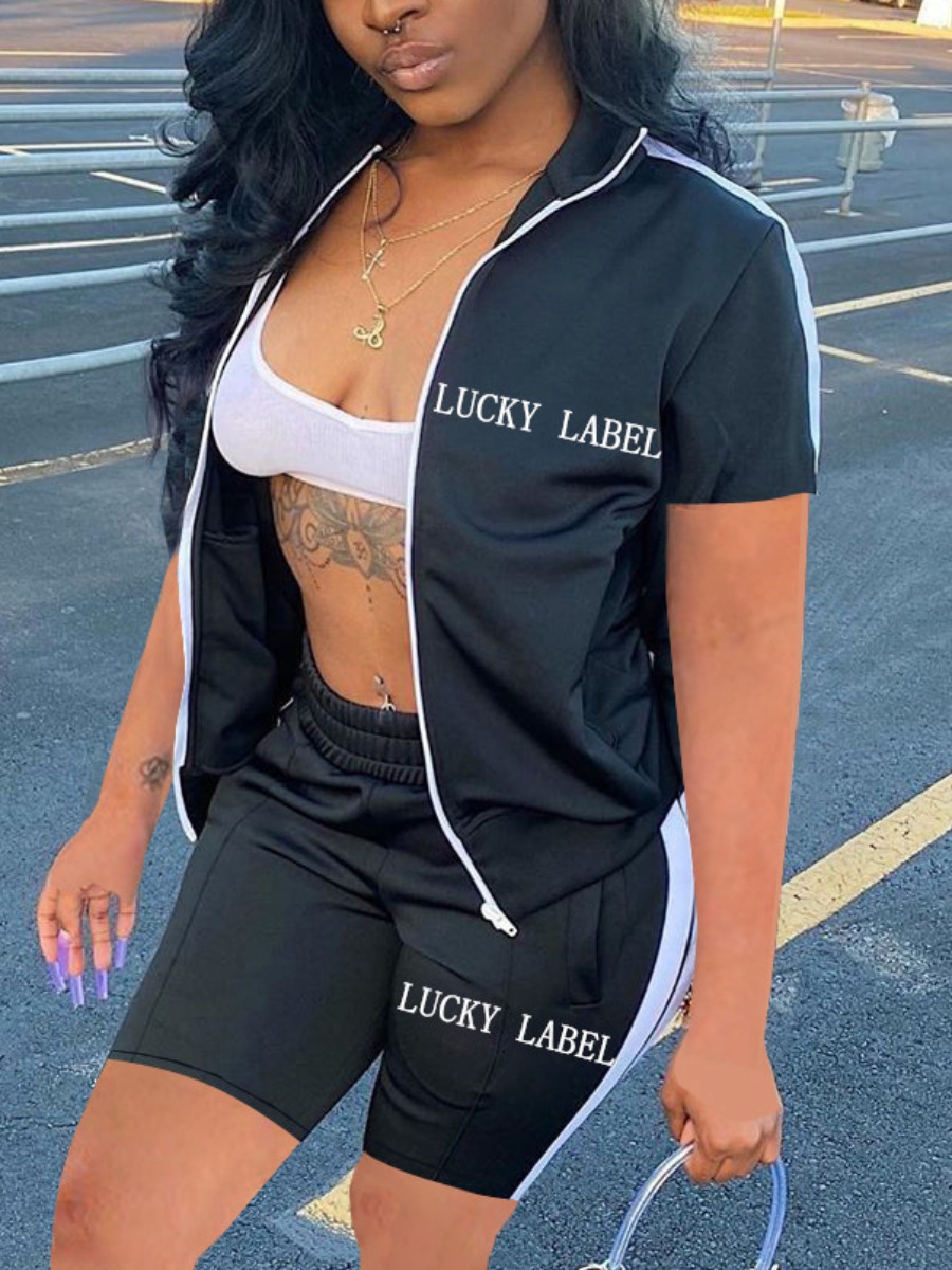 LW Sporty Turndown Collar Letter Print Black Two Piece Shorts Set