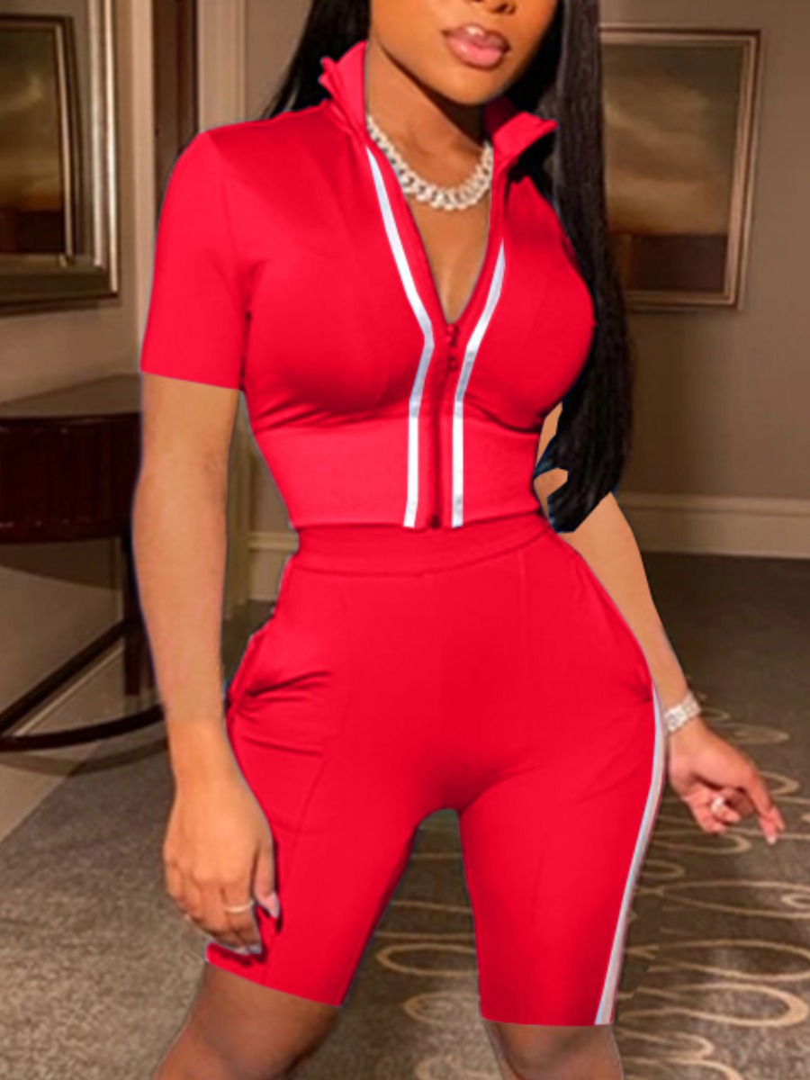 

Lovely Sporty Turndown Collar Striped Red Two Piece Shorts Set
