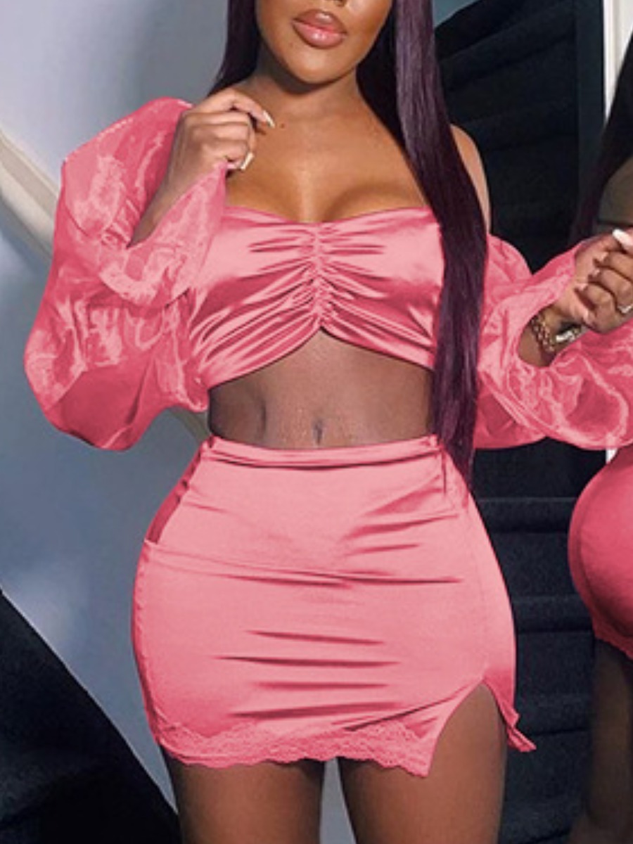 

Lovely Sweet Fold Design Split Pink Two Piece Skirt Set
