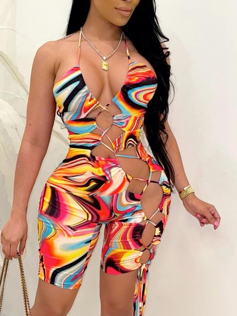 

Lovely Sexy Bandage Hollow-out Design Orange One-piece Romper