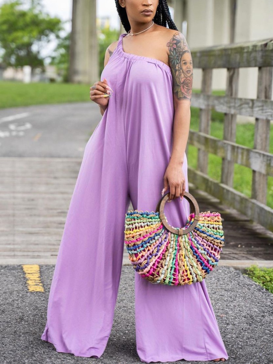 

LW Street One Shoulder Loose Purple One-piece Jumpsuit