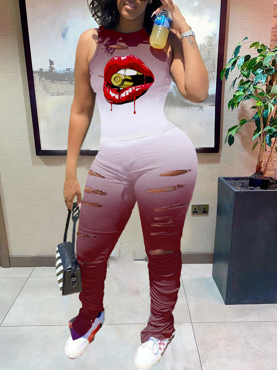 

Lovely Street Lip Print Ripped Wine Red Plus Size Two-piece Pants Set