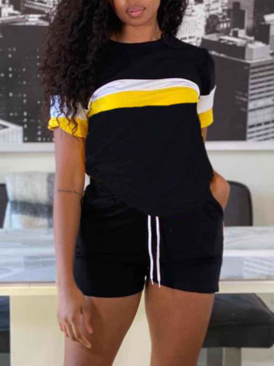 

Lovely Sporty Striped Drawstring Black Two Piece Shorts Set