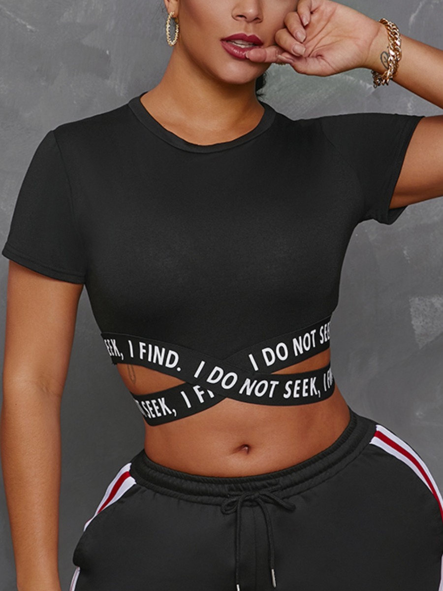 

Lovely Sporty Letter Print Hollow-out Black T-shirt