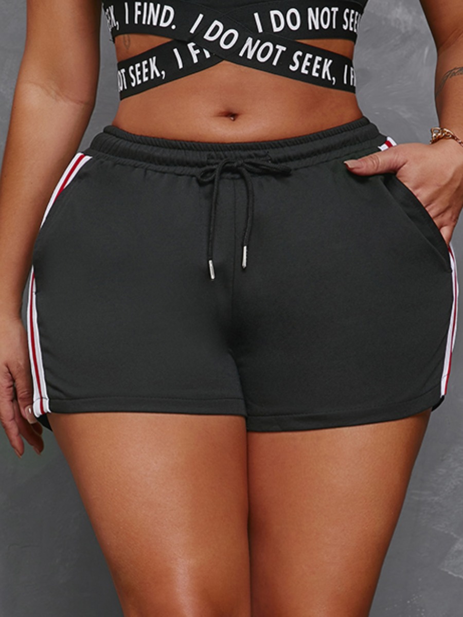 

Lovely Sporty Striped Drawstring Black Yoga Shorts
