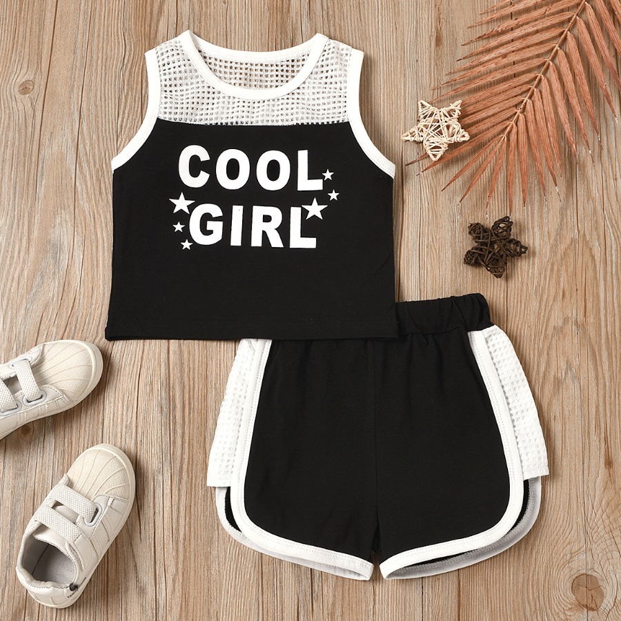 

Lovely Girl Sporty Mesh Letter Print Black Two Piece Shorts Set