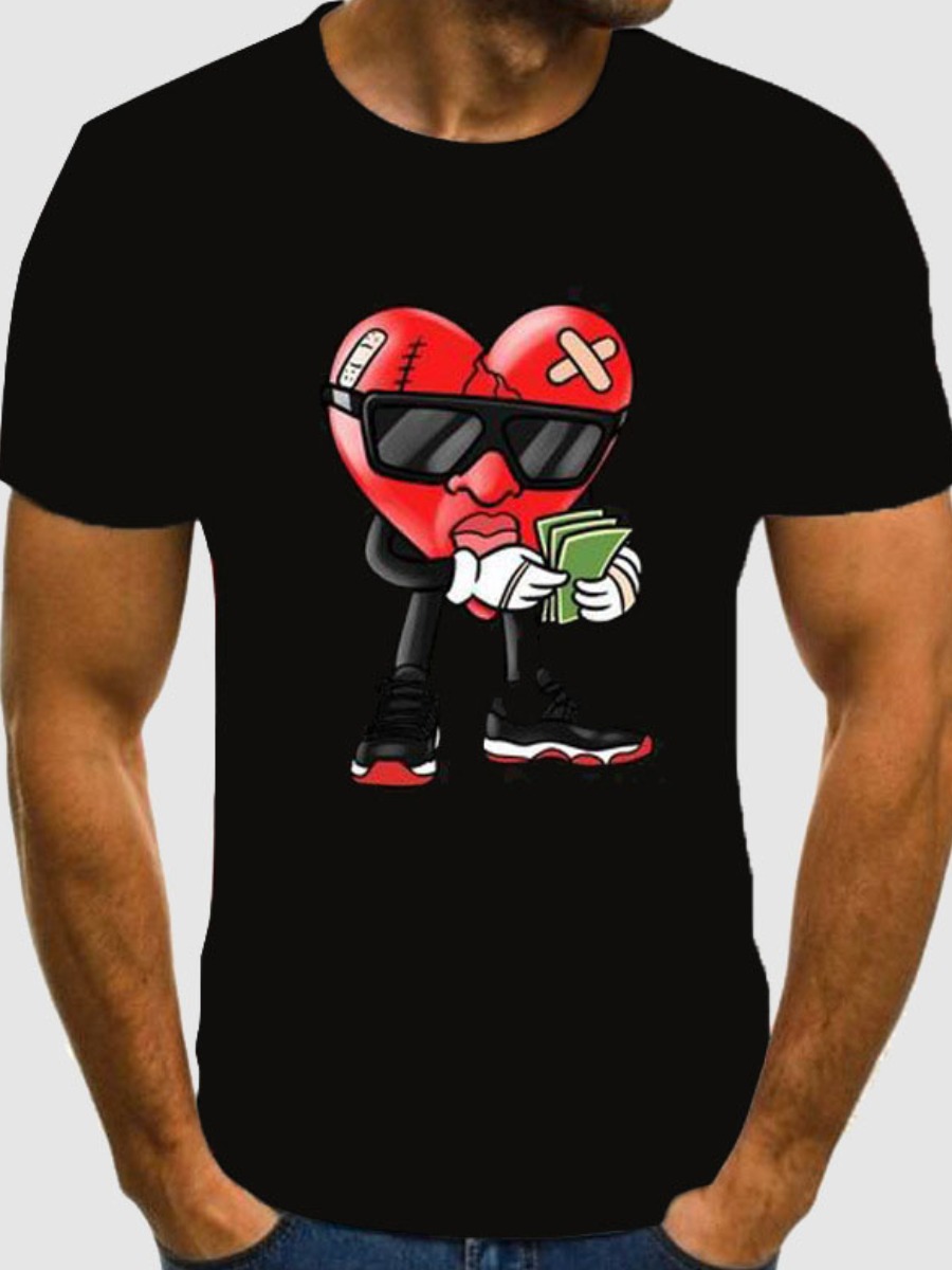 

Lovely Men Casual O Neck Cartoon Print Black T-shirt