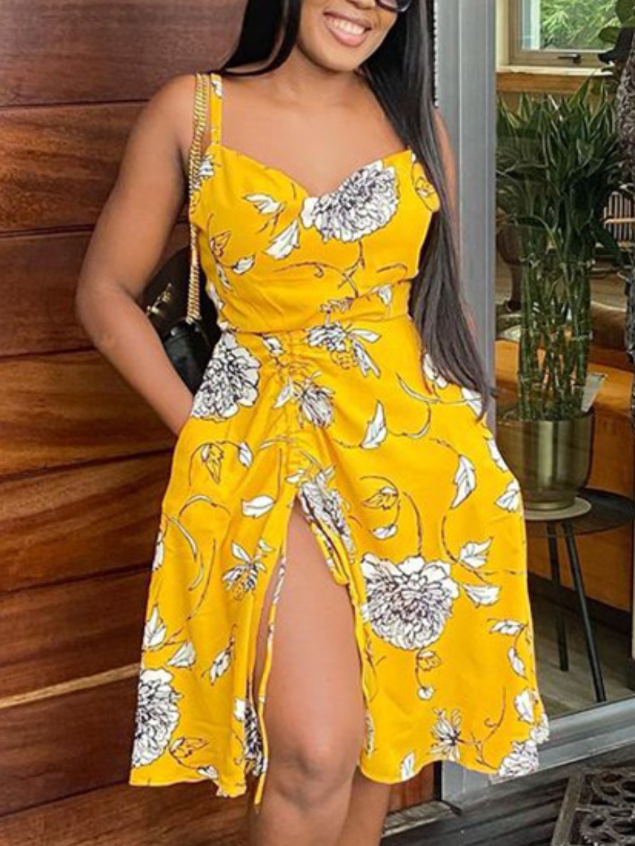 

Lovely Boho Floral Print Drawstring Yellow Knee Length A Line Dress
