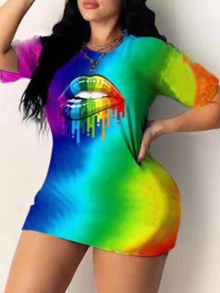 

Lovely Street Tie-dye Lip Print Blue Mini Plus Size Dress