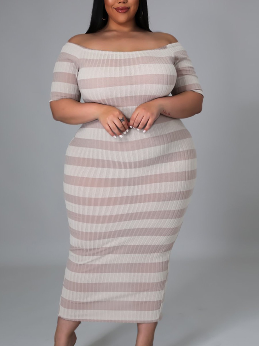 

Lovely Casual Off The Shoulder Striped Khaki Ankle Length Plus Size Dress