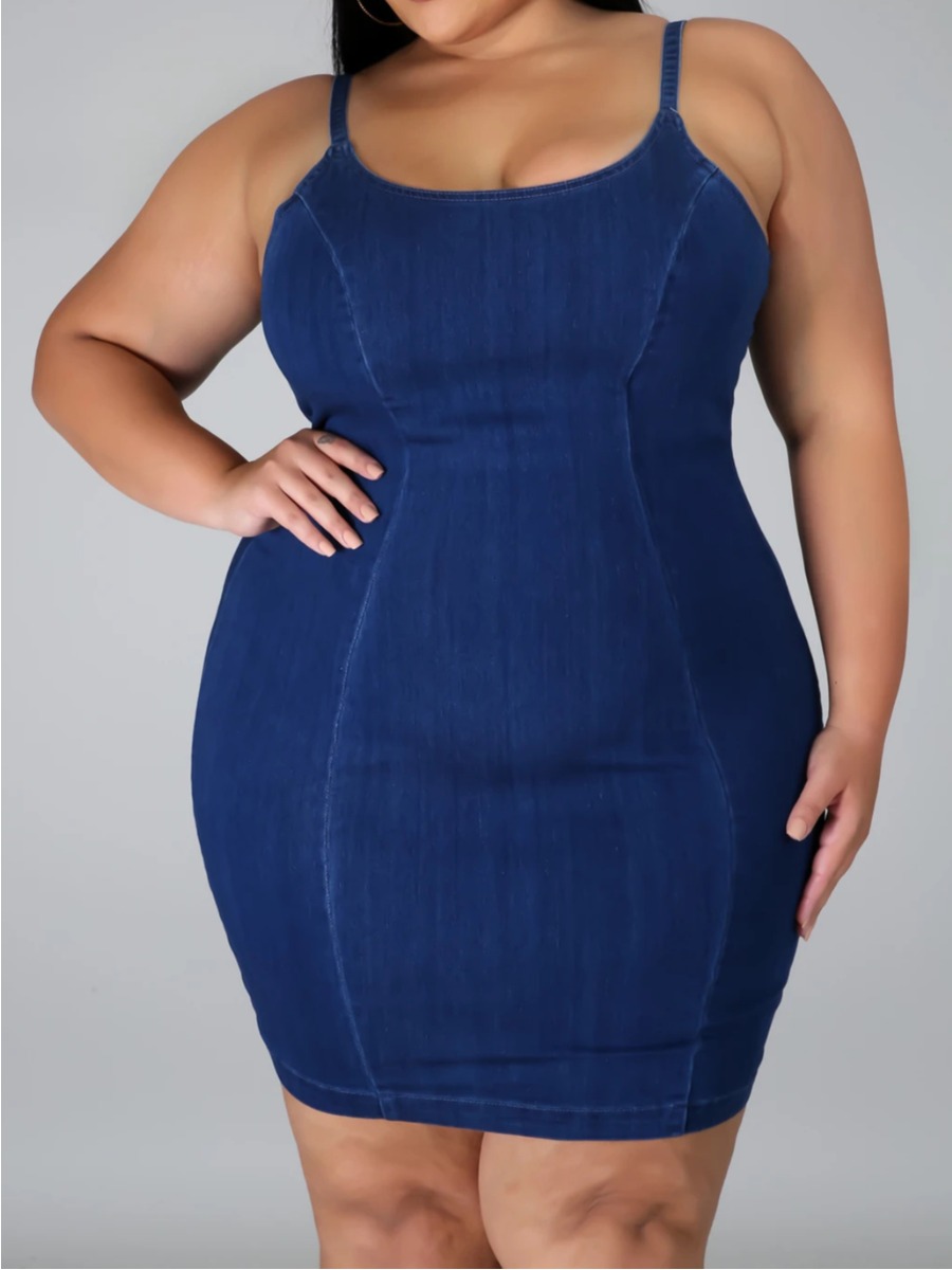 

Lovely Casual U Neck Elastic Blue Mini Plus Size Denim Dress