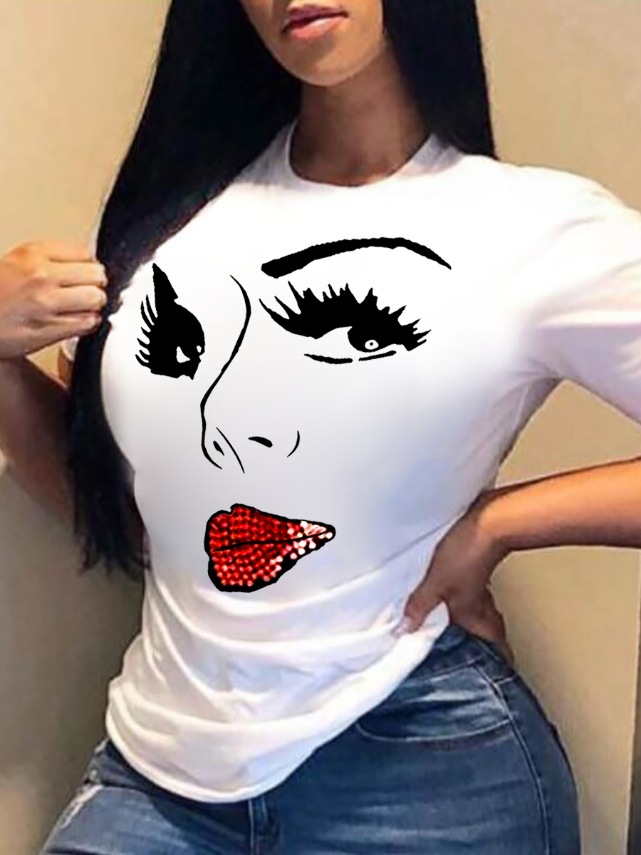 

Lovely Casual O Neck Lip Print White T-shirt