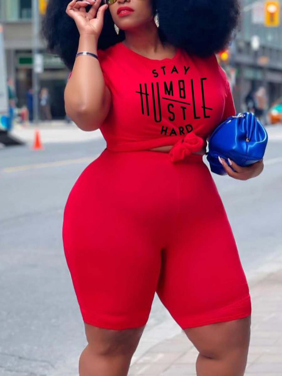 

Lovely Plus Size Casual O Neck Letter Print Red Two-piece Shorts Set