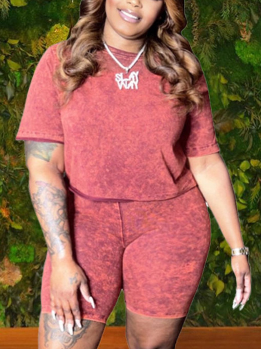 

Lovely Plus Size Casual O Neck Tie-dye Red Two-piece Shorts Set